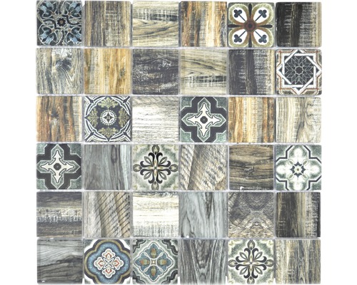 Glasmozaïek XCM Wood 500 bruin 30x30 cm Mozaïektegel met houtlook en ornamenten