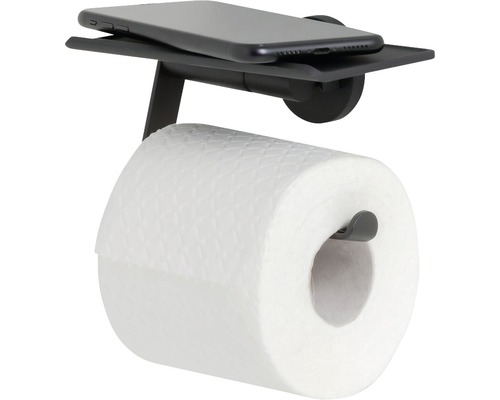 Toiletpapierhouder met plank en mobiele telefoon