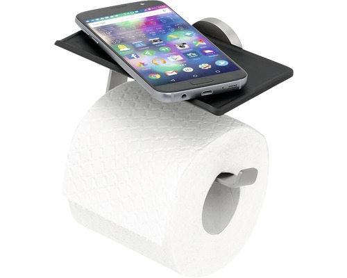 Toiletpapierhouder met plank en smartphone