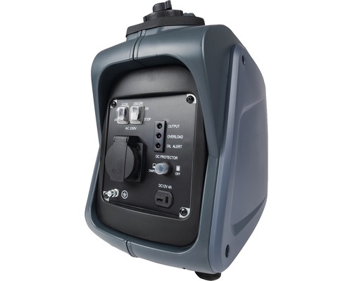 Bedieningspaneel van een stroomgenerator met 230 volt stopcontact, gelijkstroomschakelaar en controlelampjes.