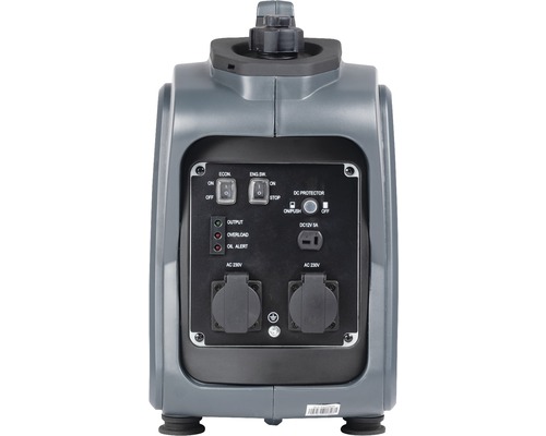 Achteraanzicht van een grijze generator met schakelaars en stopcontacten