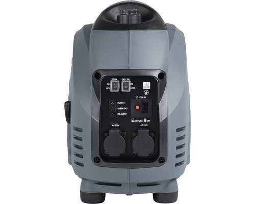 Achteraanzicht van een stroomgenerator met schakelaars en stopcontacten