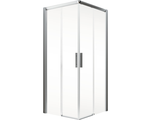 Hoekdouche met heldere glazen deuren en zilverkleurig frame