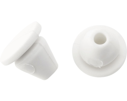 DELTAFIX Aanslagdopje BV1 1,5 mm wit, 250 stuks Twee witte kunststof meubelstoppen in close-up