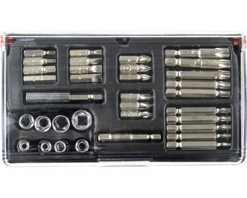 Bitset met diverse schroefbits en dopsleuteladapters in een opbergdoos