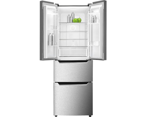 Geopende koelkast met twee deuren aan de bovenkant en twee laden aan de onderkant.