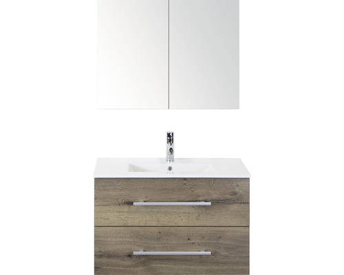 SANOX Badkamermeubelset Stretto met spiegelkast en wastafel 81 cm tabacco Wastafelcombinatie met spiegelkast, wastafel en twee laden