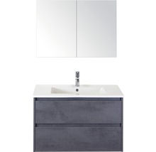 Wastafelcombinatie met spiegelkast, wastafel, kraan en onderkast met twee laden