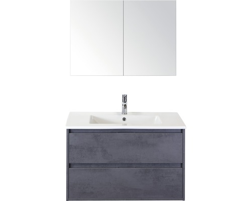 SANOX Badkamermeubelset Porto met spiegelkast en wastafel 91 cm beton antraciet Wastafelcombinatie met spiegelkast, wastafel, kraan en onderkast met twee laden