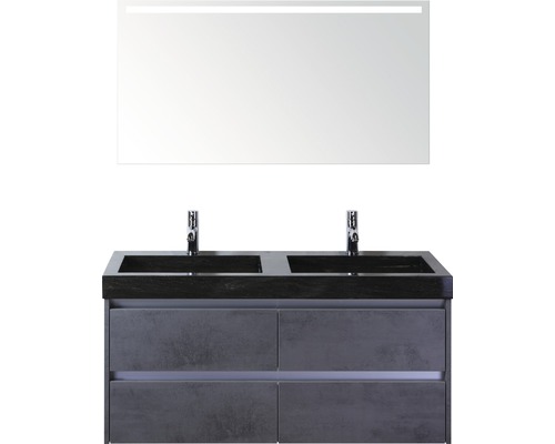 SANOX Badkamermeubelset Dante met LED lichtspiegel en zwarte wastafel met twee kraangaten 121 cm beton antraciet SANOX Badkamermeubelset Dante met LED lichtspiegel en zwarte wastafel met twee kraangaten 121 cm beton antraciet