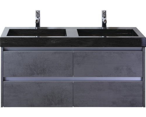 SANOX Badkamermeubelset Dante met zwarte dubbele wastafel met twee kraangaten 121 cm beton antraciet SANOX Badkamermeubelset Dante met zwarte dubbele wastafel met twee kraangaten 121 cm beton antraciet