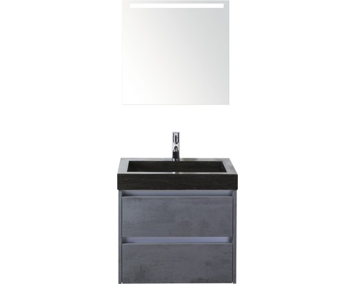 Badkamermeubelset Dante 60 cm natuurstenen wastafel incl. spiegel met verlichting beton antraciet