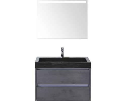 Badkamermeubelset Dante 80 cm natuurstenen wastafel incl. spiegel met verlichting beton antraciet