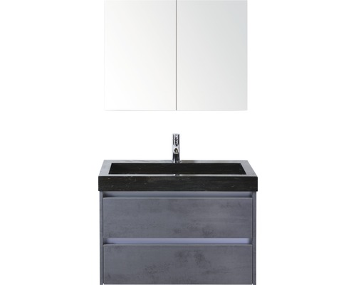SANOX Badkamermeubelset Dante met spiegelkast en zwarte wastafel met één kraangat 81 cm beton antraciet Wastafelmeubel met wastafel en spiegelkast voor de badkamer