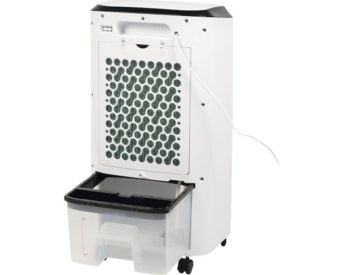 Achteraanzicht van een luchtontvochtiger met uitgetrokken waterreservoir.