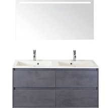 Wastafelmeubel met twee wastafels, onderkast met laden en spiegel met verlichting voor de badkamer