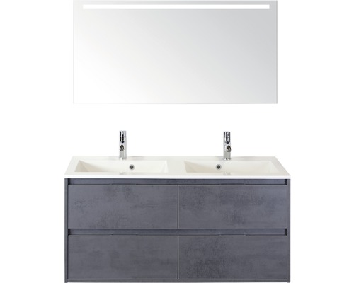 Badkamermeubelset Porto 120 cm 4 laden kunststeen wastafel incl. spiegel met verlichting beton antraciet