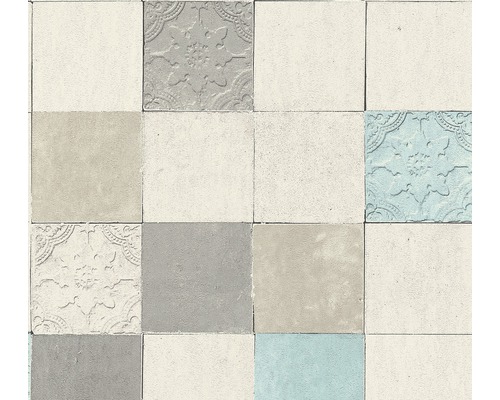 A.S. CRÉATION Vliesbehang 37406-1 New Walls tegels turquoise/grijs Vierkante wandtegels met sierlijke en effen ontwerpen