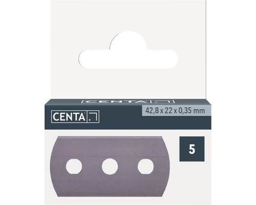 Verpakking van vijf Centa trapeziummessen met afmetingen 42,8 x 22 x 0,35 millimeter