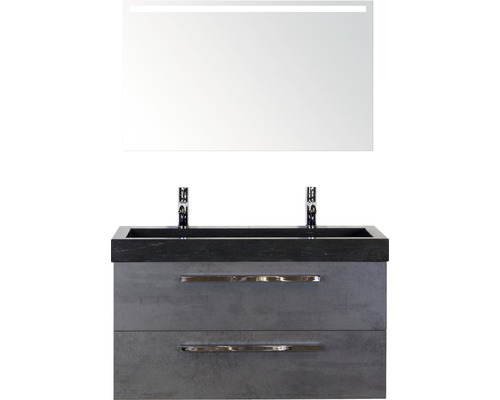 SANOX Badkamermeubelset Seville met LED lichtspiegel en zwarte wastafel met twee kraangaten 101 cm beton antraciet SANOX Badkamermeubelset Seville met LED lichtspiegel en zwarte wastafel met twee kraangaten 101 cm beton antraciet
