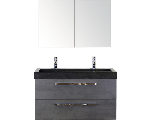 SANOX Badkamermeubelset Seville met spiegelkast en zwarte wastafel met twee kraangaten 101 cm beton antraciet SANOX Badkamermeubelset Seville met spiegelkast en zwarte wastafel met twee kraangaten 101 cm beton antraciet