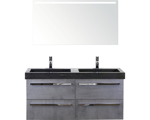 SANOX Badkamermeubelset Seville met LED lichtspiegel en zwarte wastafel met twee kraangaten 121 cm beton antraciet SANOX Badkamermeubelset Seville met LED lichtspiegel en zwarte wastafel met twee kraangaten 121 cm beton antraciet