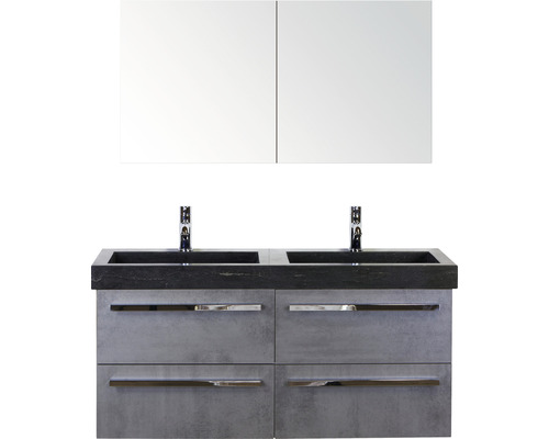 SANOX Badkamermeubelset Seville met spiegelkast en zwarte wastafel met twee kraangaten 121 cm beton antraciet SANOX Badkamermeubelset Seville met spiegelkast en zwarte wastafel met twee kraangaten 121 cm beton antraciet