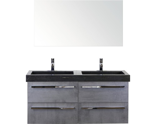 SANOX Badkamermeubelset Seville met spiegel en zwarte wastafel met twee kraangaten 121 cm beton antraciet SANOX Badkamermeubelset Seville met spiegel en zwarte wastafel met twee kraangaten 121 cm beton antraciet