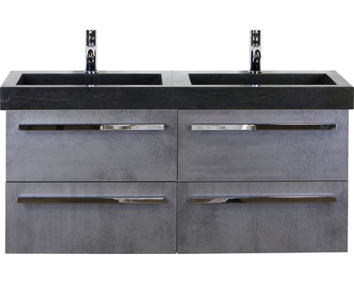 SANOX Badkamermeubelset Seville met zwarte dubbele wastafel met twee kraangaten 121 cm beton antraciet SANOX Badkamermeubelset Seville met zwarte dubbele wastafel met twee kraangaten 121 cm beton antraciet