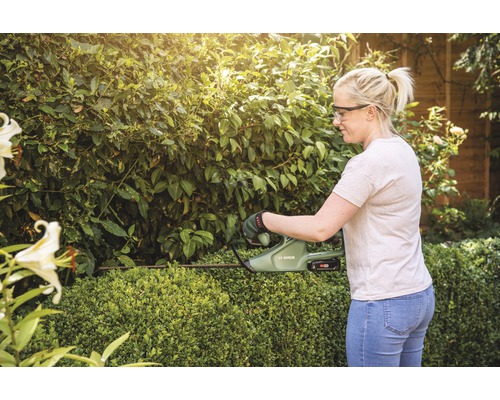 Vrouw snoeit heg met een accu heggenschaar