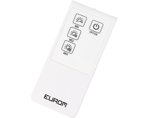 Eurom afstandsbediening met knoppen voor het instellen van minimale, gemiddelde en maximale prestaties, evenals voor het in- en uitschakelen
