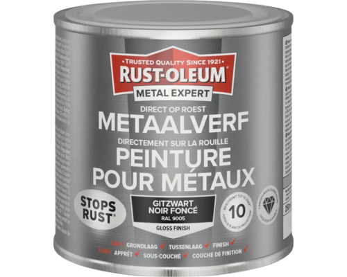 RUST-OLEUM Metal Expert Metaalverf direct op roest hoogglans waterbasis RAL 9005 gitzwart 250 ml