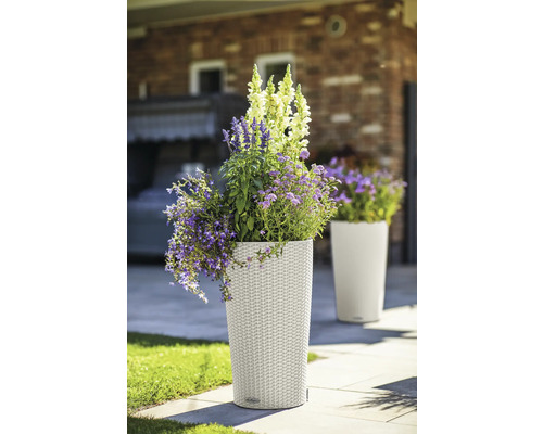 Hoge kunststof plantenbak beplant met bloemen