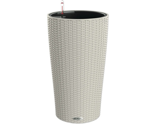 LECHUZA All-in-One Set Bloempot Cottage Cilindro Kunststof bruin Ø 32 cm H 56 cm Hoge plantenbak in rotan design met waterniveau-indicator.