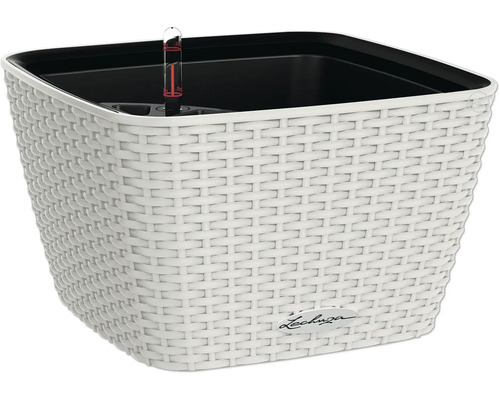 LECHUZA All-in-One Set Plantenbak Cottage Bacino Kunststof wit Ø 30 cm H 18 cm Vierkante plantenbak in vlechtwerk look met waterniveau-indicator