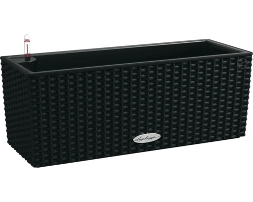 LECHUZA All-in-One Set Balkonbak Cottage Balconera Kunststof zwart 50x19x19 cm Zwarte plantenbak in rotan design met waterniveau-indicator.