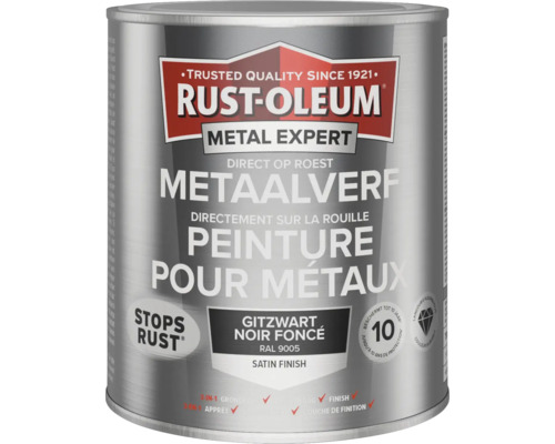 RUST-OLEUM Metal Expert Metaalverf direct op roest zijdeglans RAL 9005 antracietgrijs 750 ml