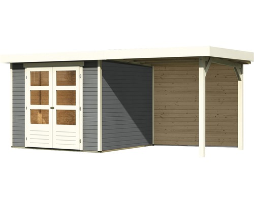 Tuinhuis met dubbele deur en houten overkapping aan de zijkant