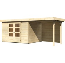 Houten tuinhuis met dubbele deur en aanbouw