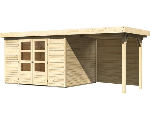 Houten tuinhuis met dubbele deur en aanbouw