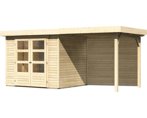 Houten tuinhuis met dubbele deur en aanbouw