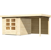 Houten tuinhuis met dubbele deur en overkapping