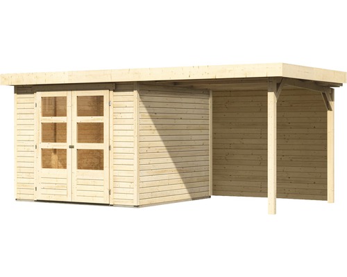 Houten tuinhuis met dubbele deur en overkapping