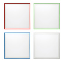Vier LED-panelen met verschillende framekleuren