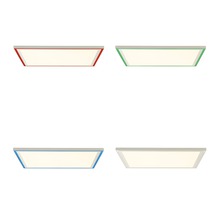 Vier LED-plafondlampen met rechthoekige vorm en verschillende kleuren frames