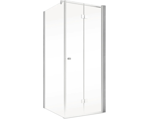 Hoekdouche met inklapbare glazen deur en zilverkleurig frame