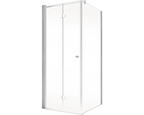 Hoekdouche met transparante glazen deur en zilverkleurig frame