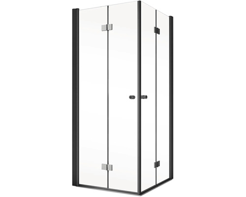 Hoekdouche met heldere glazen wanden en een donker frame