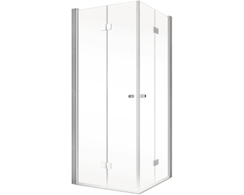 Hoekdouche met glazen voorkant en zilverkleurig frame