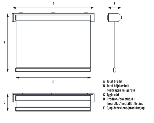 Technische tekening van een rolgordijn met afmetingen.